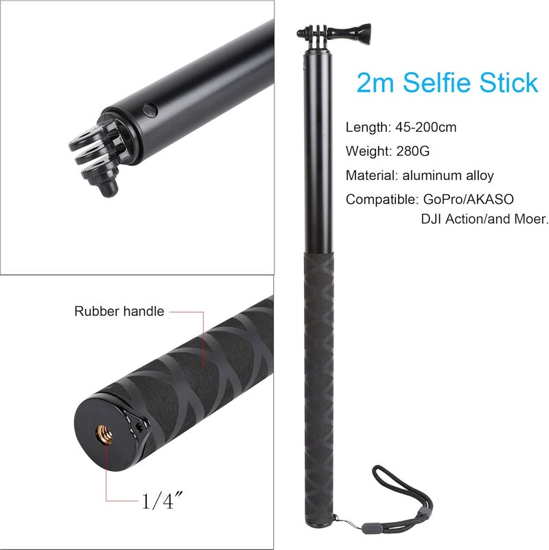 PELLKING 79inch Long Selfie Stick for GoPro 13/12 11 10 9 8 7 6 5 Blcak 4 Silver Go Pro Max Session, DJI Osmo Action 5 4 3 2,AKASO,Insta360 One RS R Cameras, 45-200cm Extendable Pole Monopod - Image 2